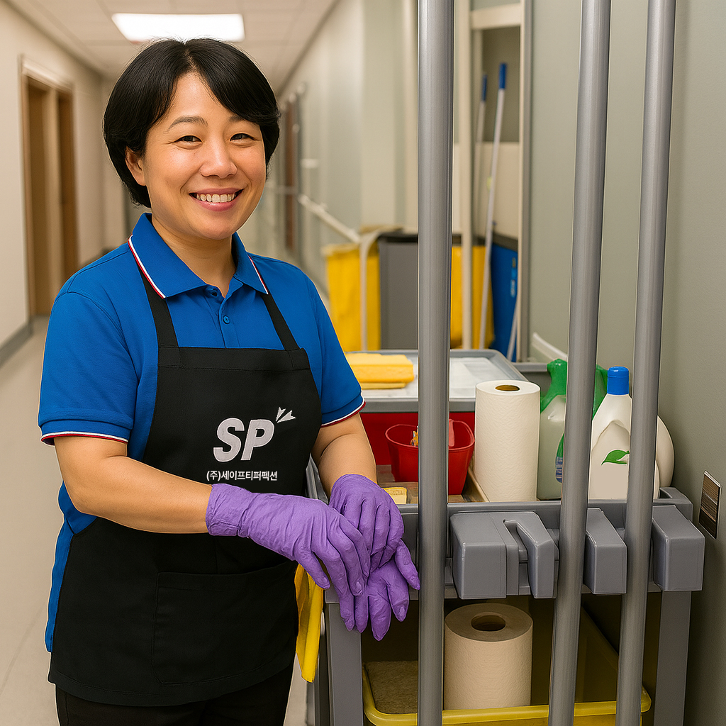 청소 도구를 이용해 건물을 청소 중인 미화원의 모습